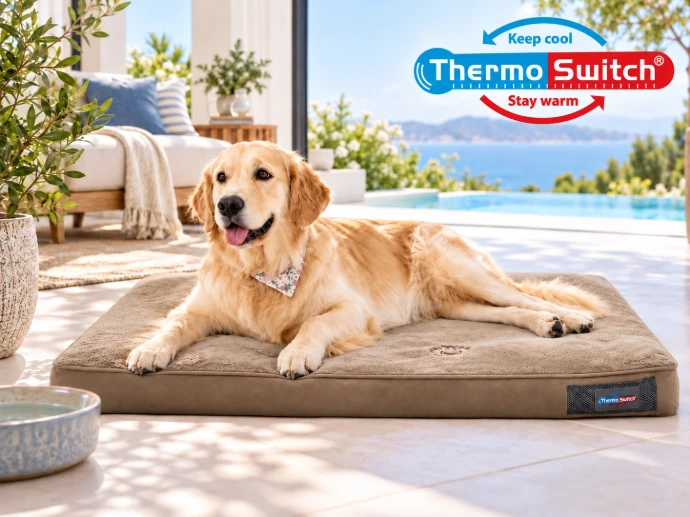 Golden retriever ontspannen op een comfortabel hondenbed