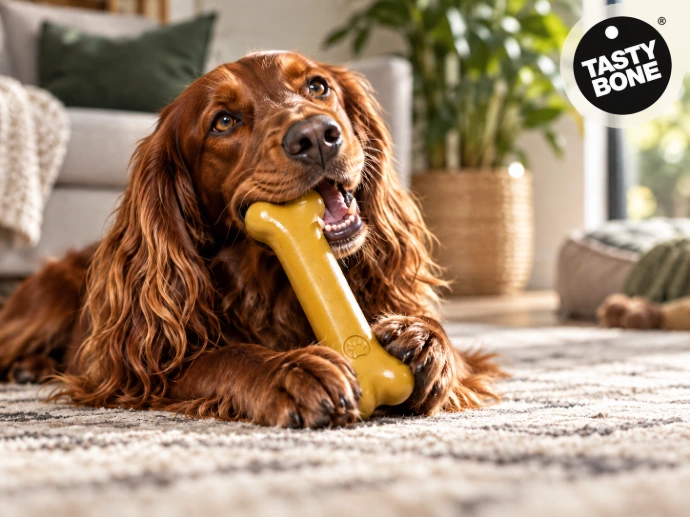 Bruine hond speelt en kauwt op een hondenspeeltje