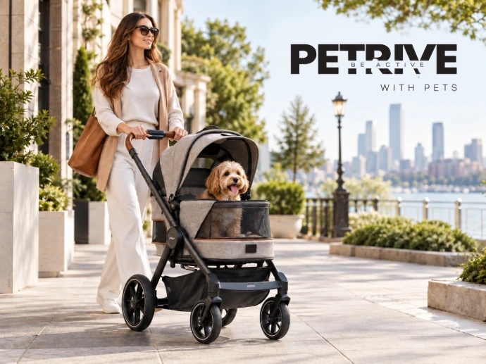 Vrouw onderweg met hond in een Petrive hondenbuggy