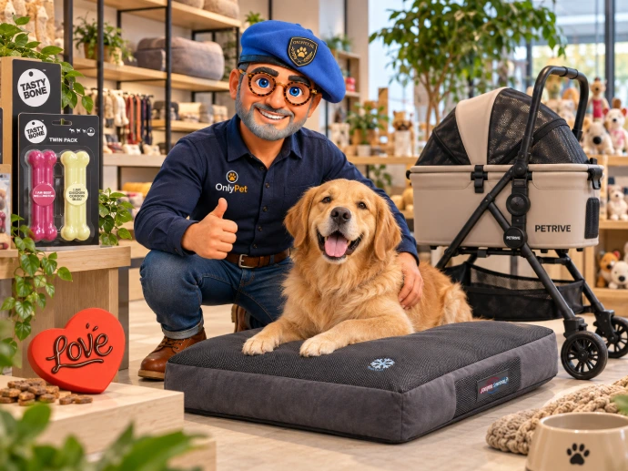 OnlyPet-avatar met hond en producten in een moderne dierenspeciaalzaak
