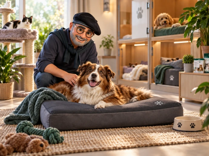 Dierenprofessional verzorgt een hond op een comfortabel hondenbed