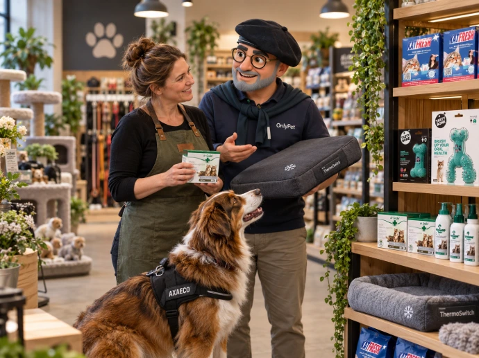 Dierenwinkelmedewerker helpt een klant met hond bij het kiezen van producten