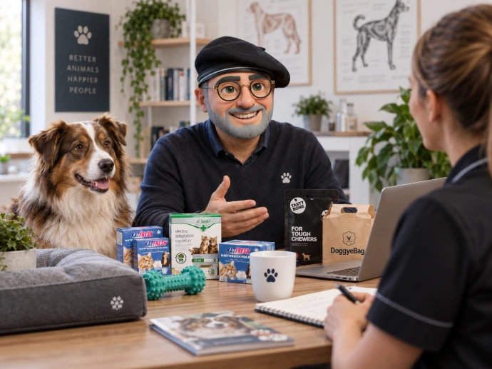Dierenprofessionals bespreken producten en verzorging voor huisdieren