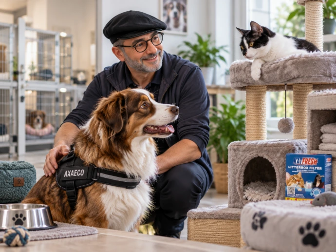 Dierenprofessional met hond in een professionele kennelomgeving