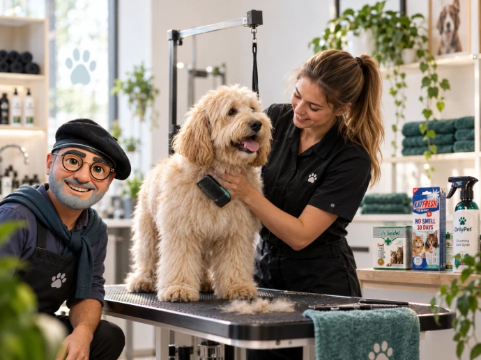 Trimmer verzorgt een hond op de trimtafel in een trimsalon