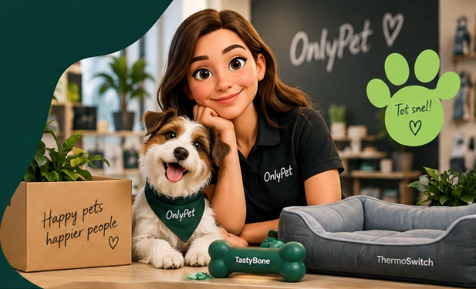 Dierenprofessional met hond en OnlyPet-producten in een winkelomgeving